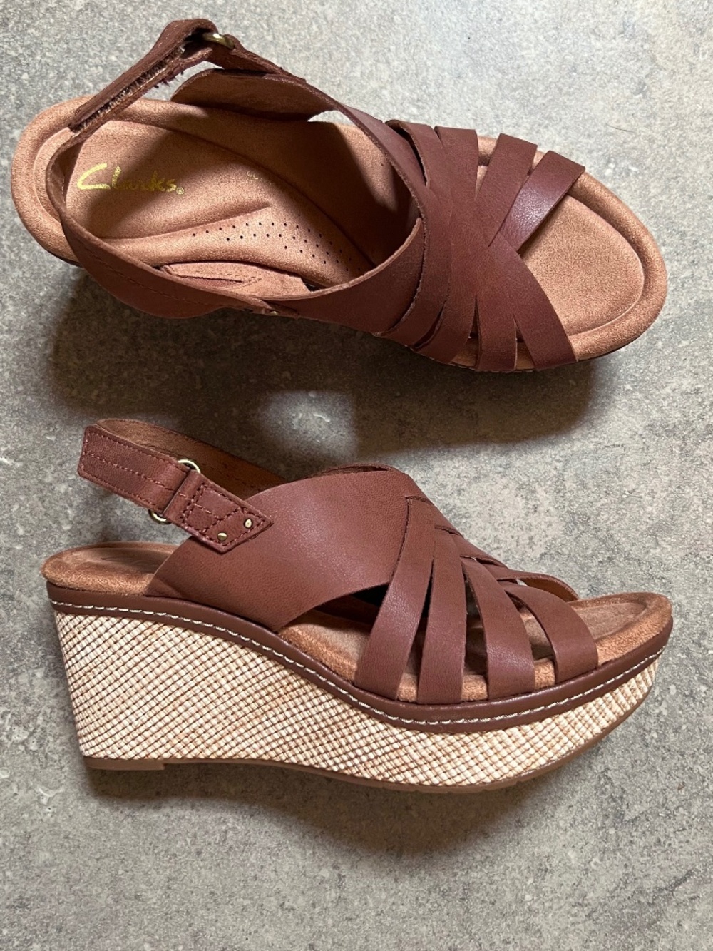 Clarks leather woven platform sandals, cognac brown, LIKE NEW